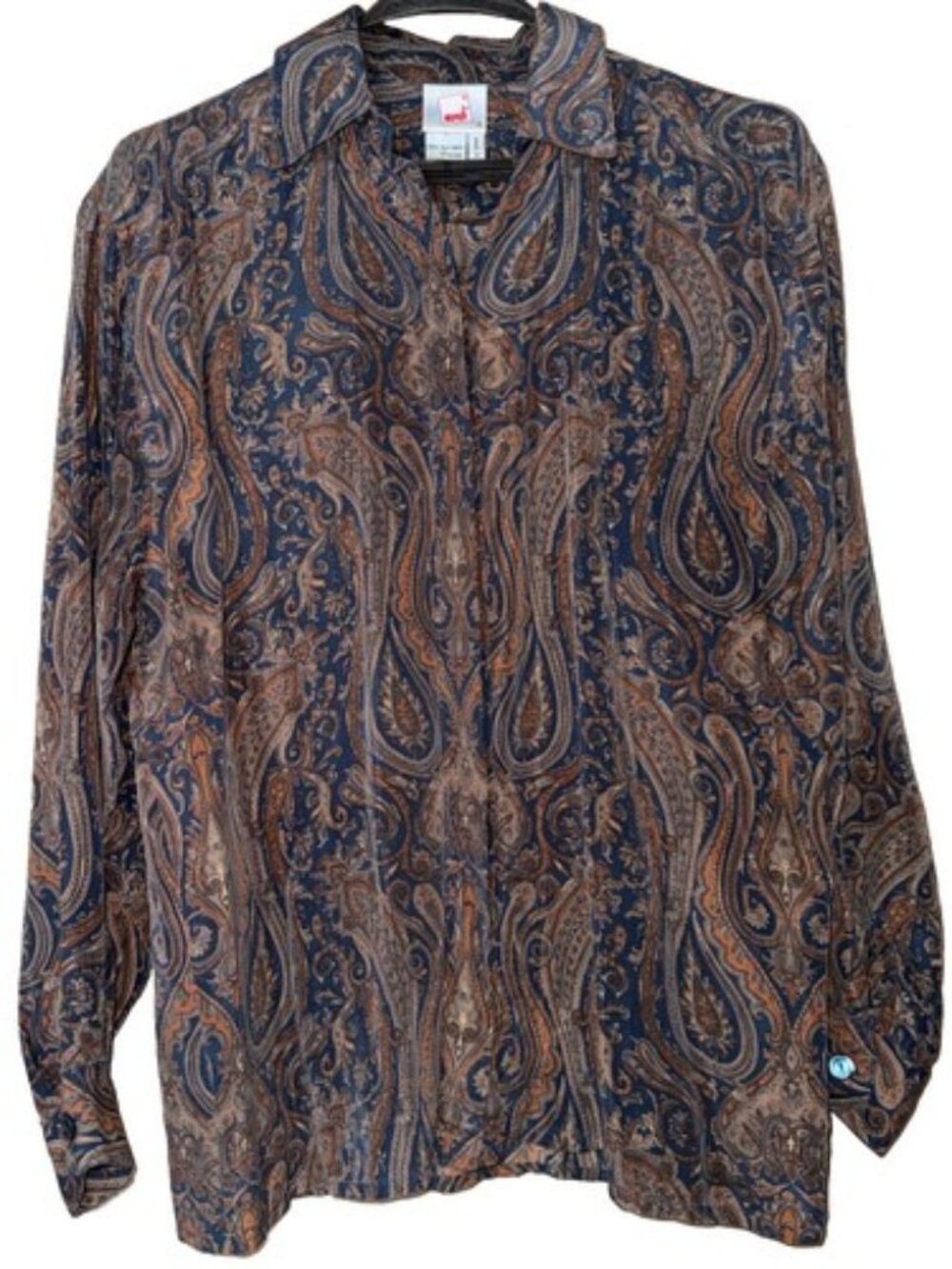 Vintage MONDI Blue and Brown Paisley Print 100% Silk Button Down Women’s M 36